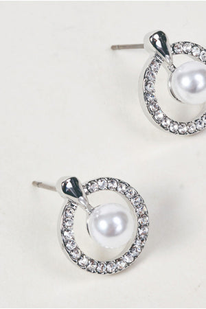 Carraig Donn Silver Faux Pearl & Micro Pave Circular Stud Earrings