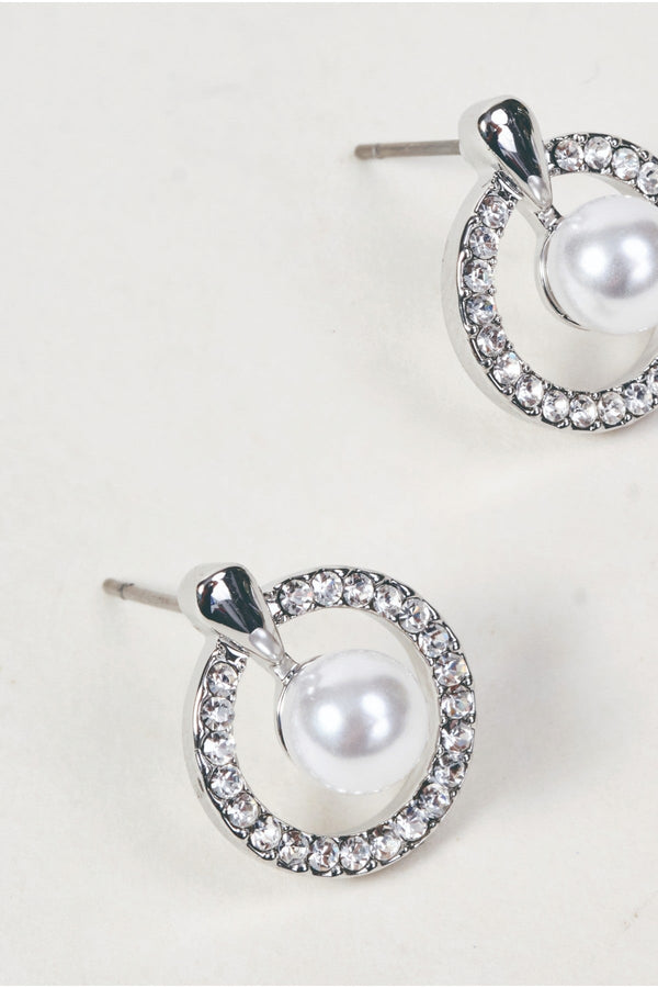 Carraig Donn Silver Faux Pearl & Micro Pave Circular Stud Earrings