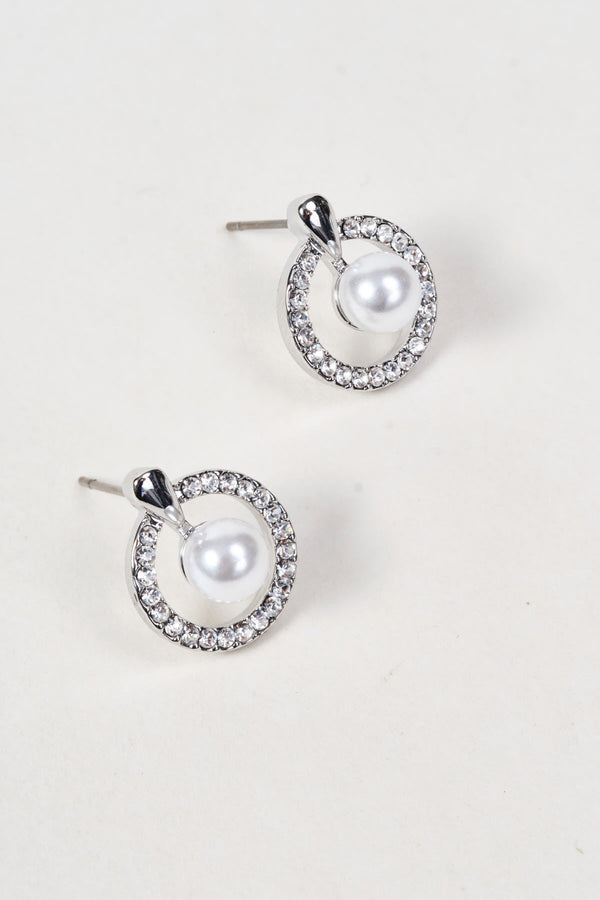 Carraig Donn Silver Faux Pearl & Micro Pave Circular Stud Earrings