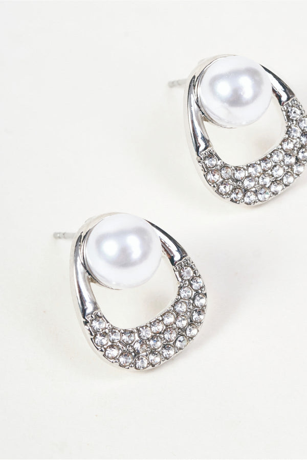 Carraig Donn Silver & Faux Pearl Micro Pave Stone Loop Stud Earrings
