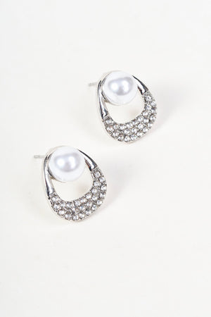 Carraig Donn Silver & Faux Pearl Micro Pave Stone Loop Stud Earrings