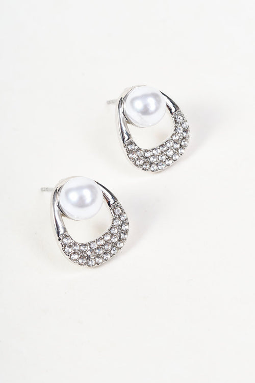 Silver & Faux Pearl Micro Pave Stone Loop Stud Earrings