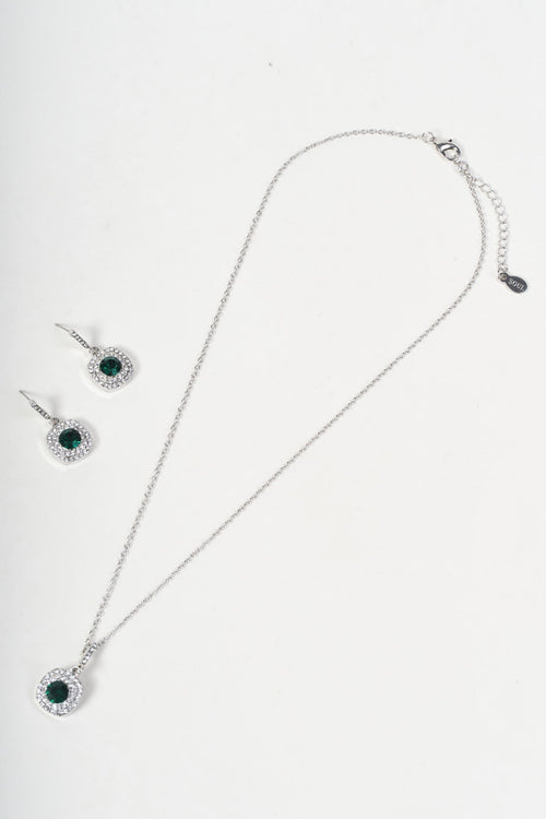 Silver & Green Stone Square Pendant Necklace & Earring Set
