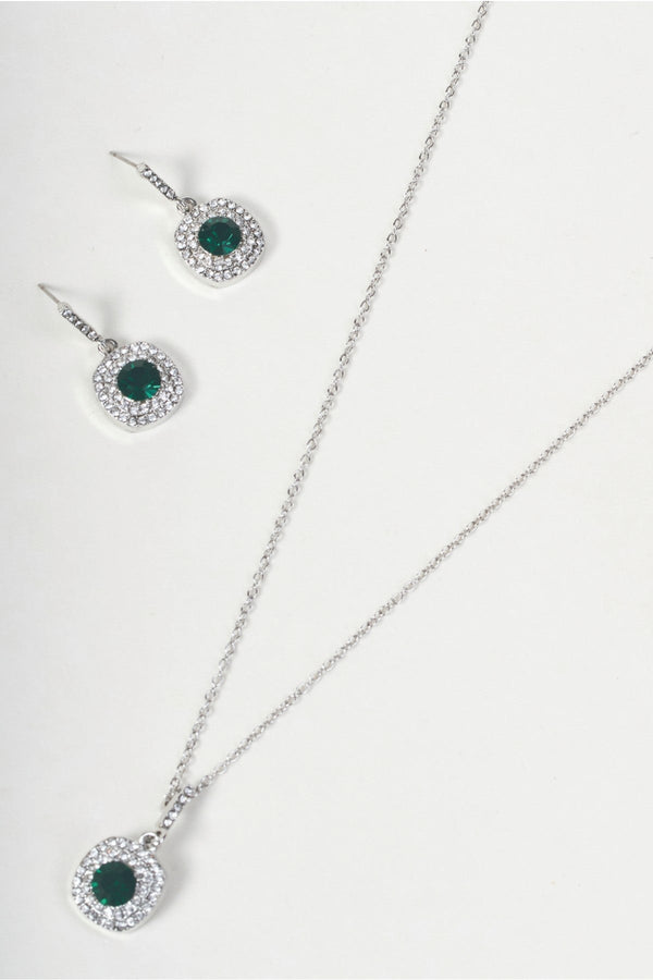 Carraig Donn Silver & Green Stone Square Pendant Necklace & Earring Set