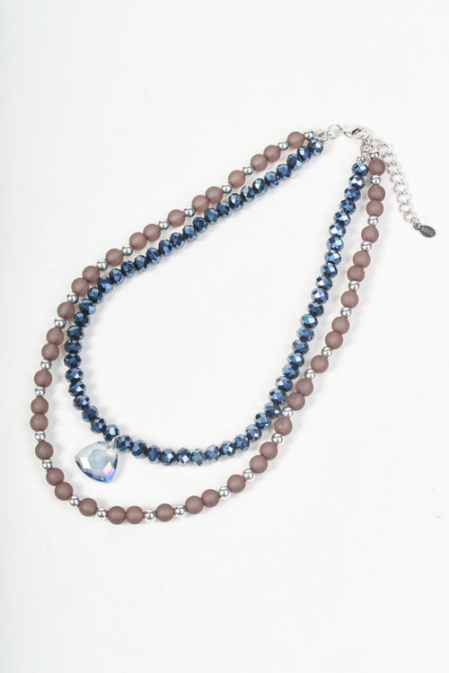Silver Grey & Navy Beaded Double Stranded Necklace