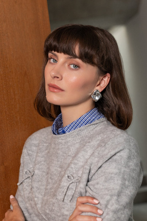 Silver Large Square Wave Stud Earrings