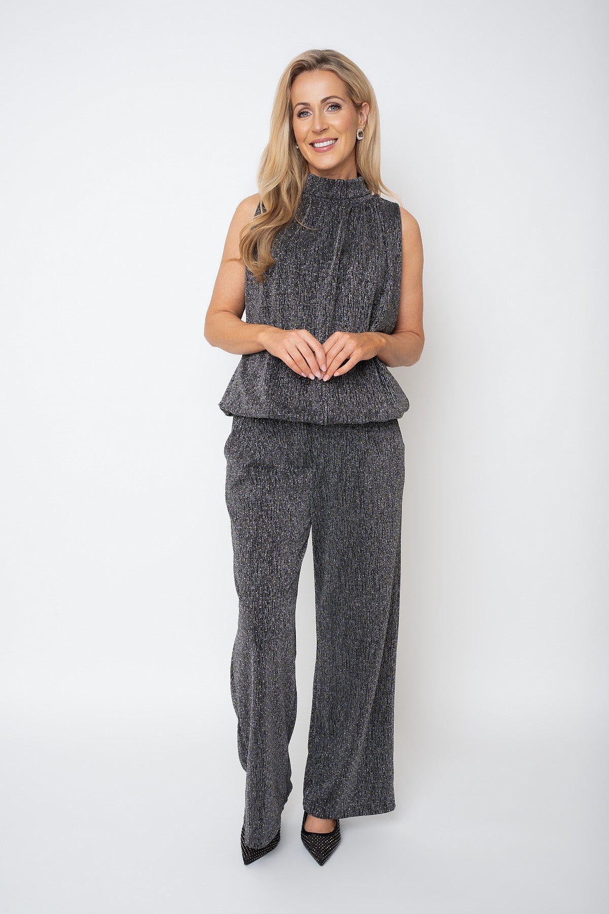 Silver Lurex Studded Straight Leg Trousers