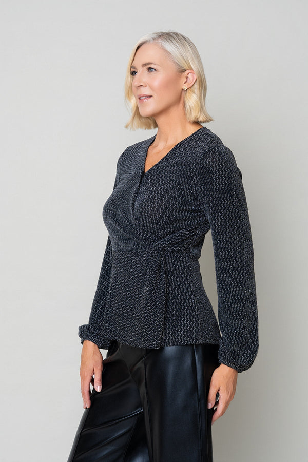 Carraig Donn Silver Lurex Wrap Over Long Sleeve Top