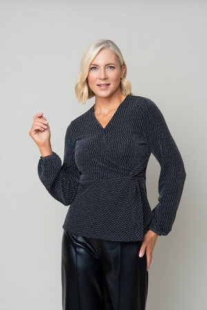 Carraig Donn Silver Lurex Wrap Over Long Sleeve Top