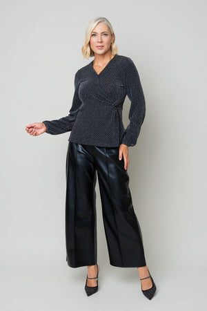 Carraig Donn Silver Lurex Wrap Over Long Sleeve Top