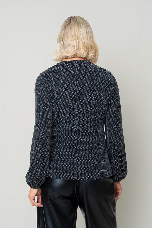 Carraig Donn Silver Lurex Wrap Over Long Sleeve Top