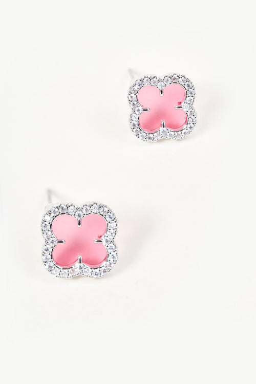 Silver & Pink Clover Stud Earrings