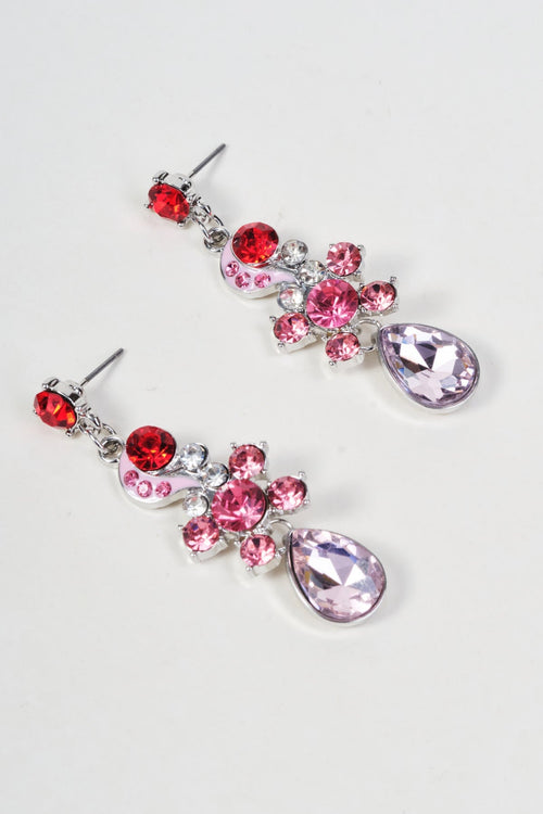 Silver Pink & Red Multi Stone Drop Earrings