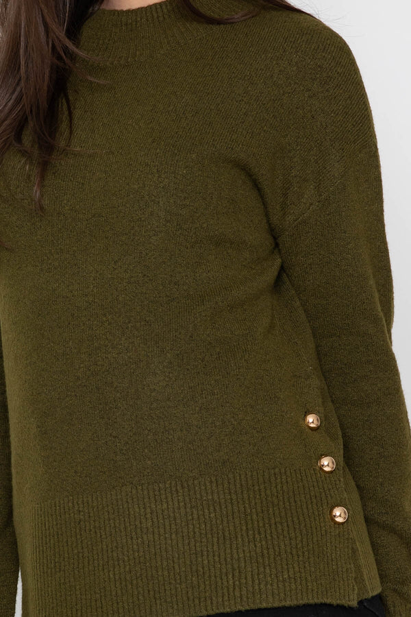 Carraig Donn Soft Touch Knit With Side Button Detail Olive