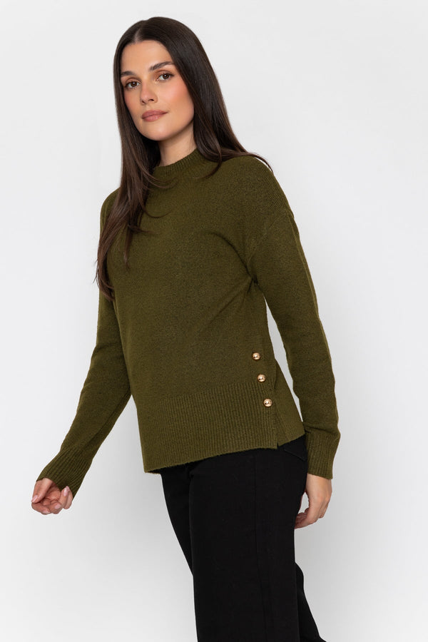 Carraig Donn Soft Touch Knit With Side Button Detail Olive