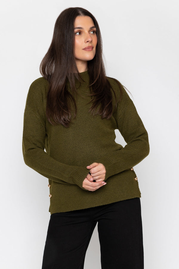 Carraig Donn Soft Touch Knit With Side Button Detail Olive