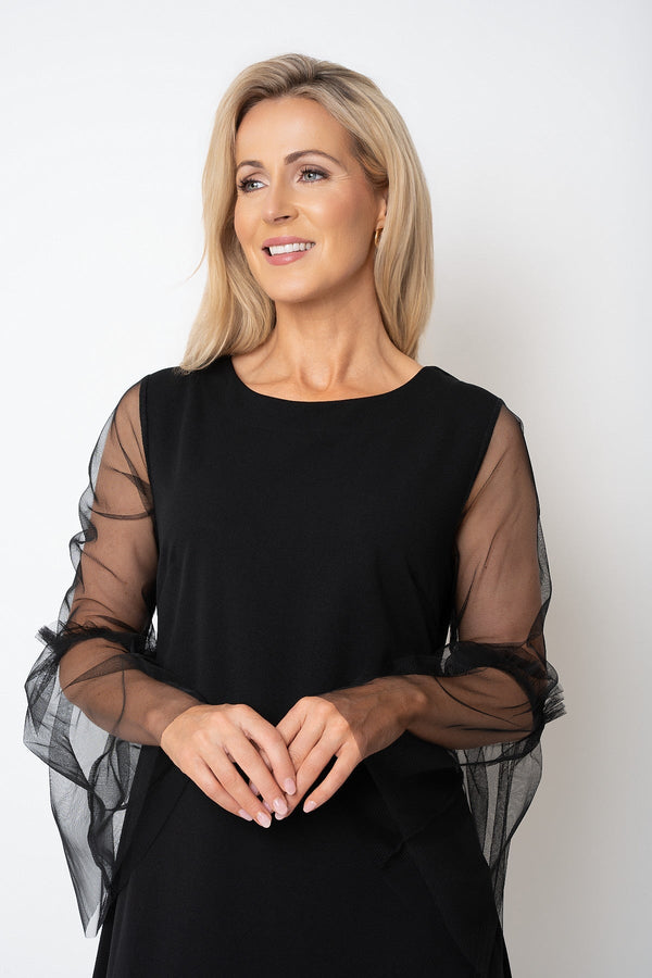 Carraig Donn Sophia Black Tulle Sleeve Knee Length Dress