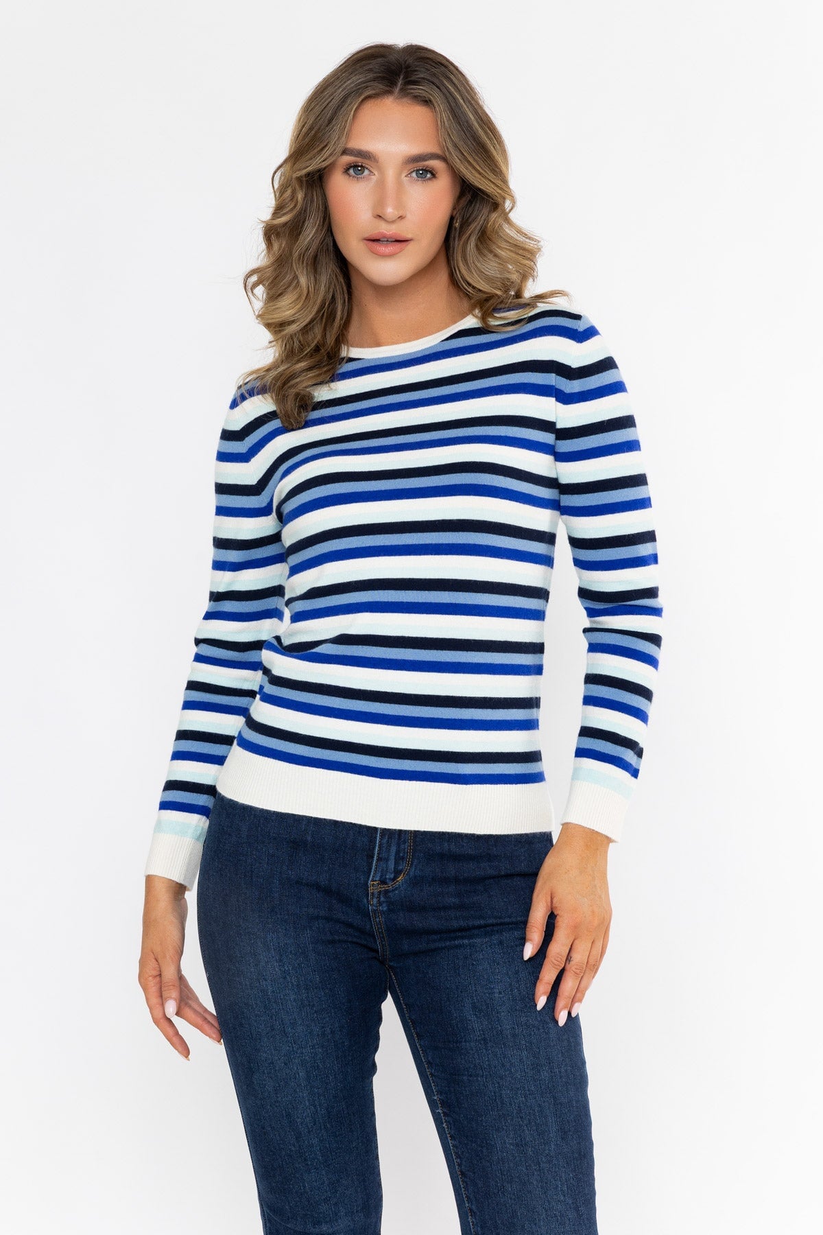 Blue Viscose Blend Regular Fit Striped Long Sleeve Jumper