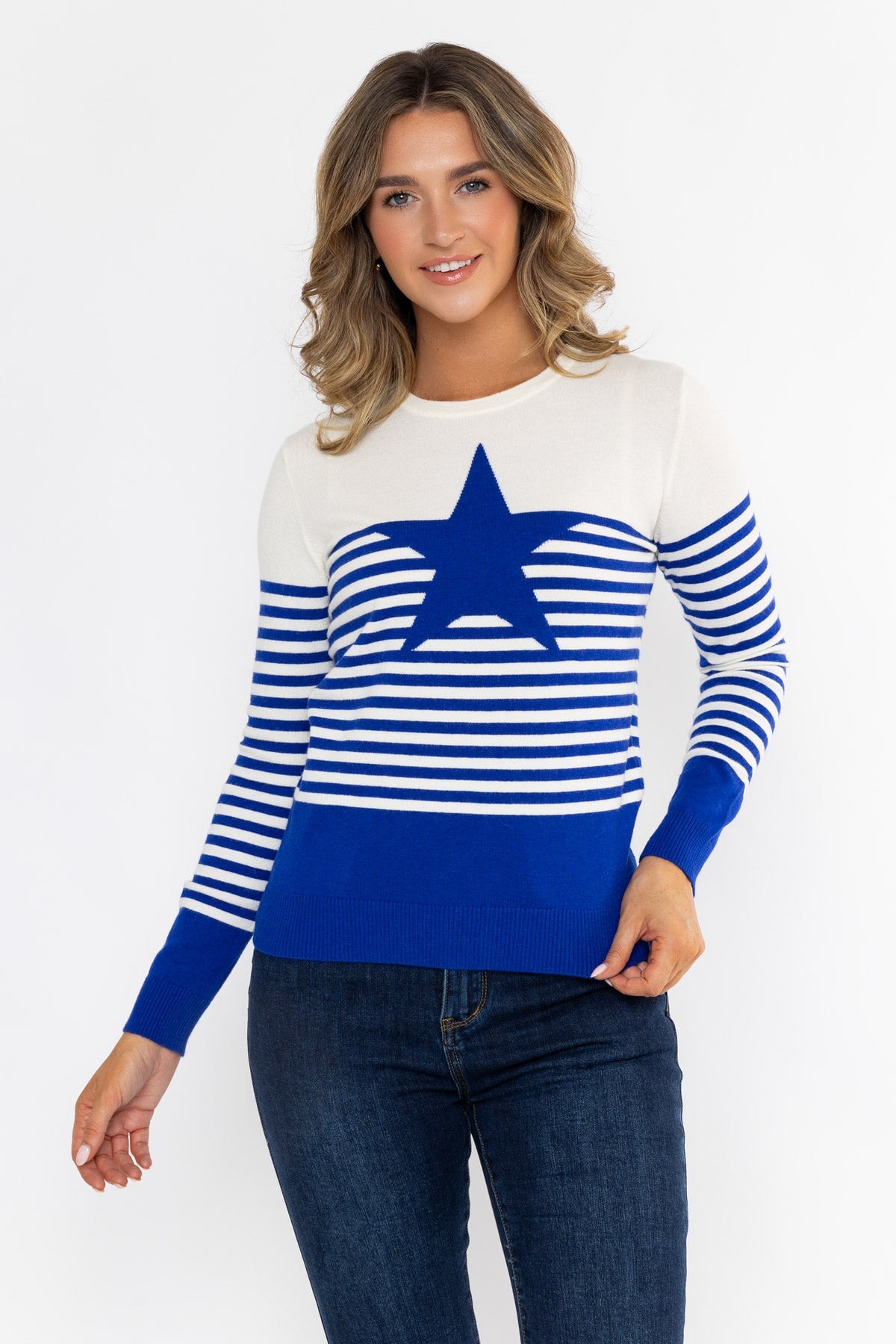 Blue Viscose Blend Regular Fit Star and Stripe Pattern Long Sleeve Jumper