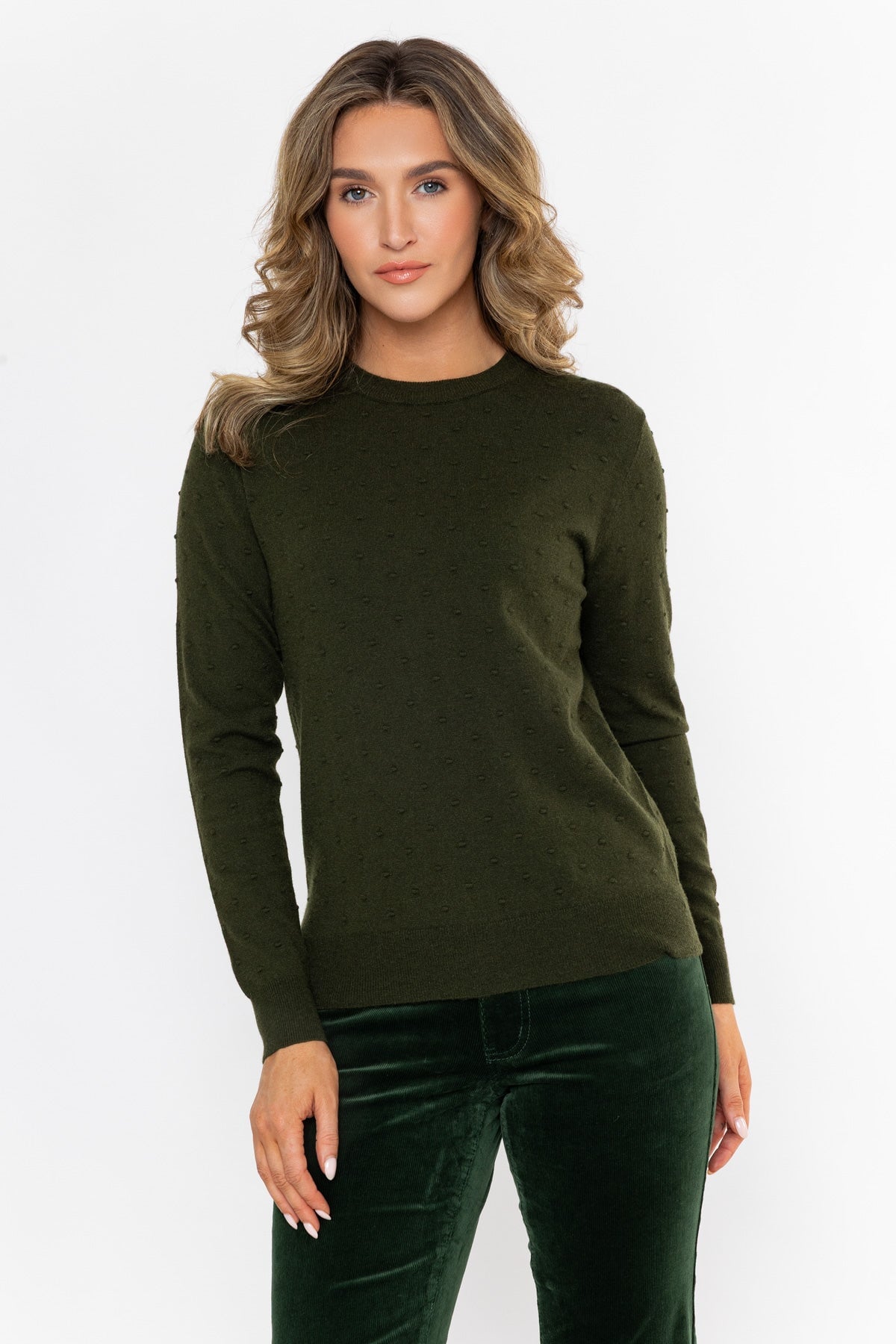 Dark Green Viscose Blend Texture Polka Dot Long Sleeve Jumper