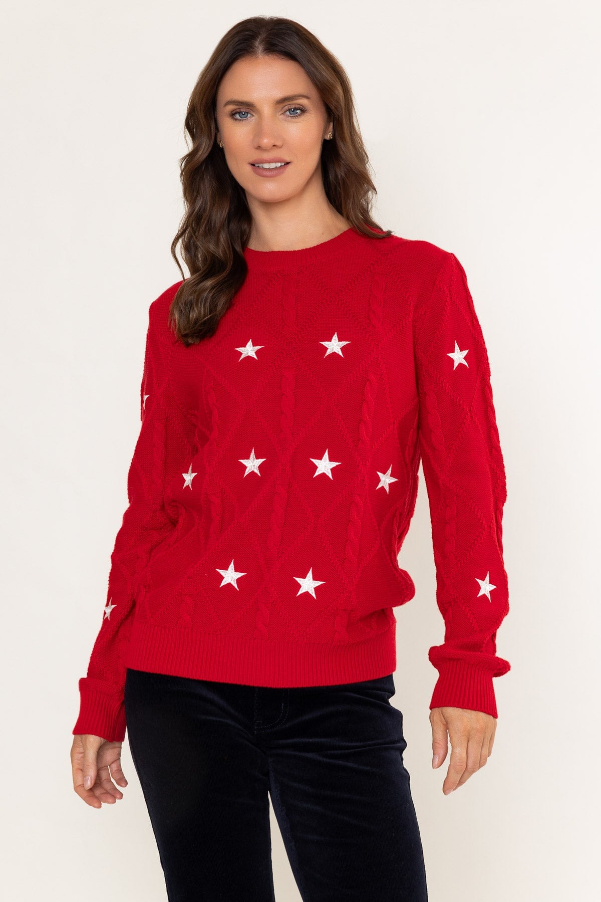 Red Cotton Star Embroidery Cable Knit Jumper