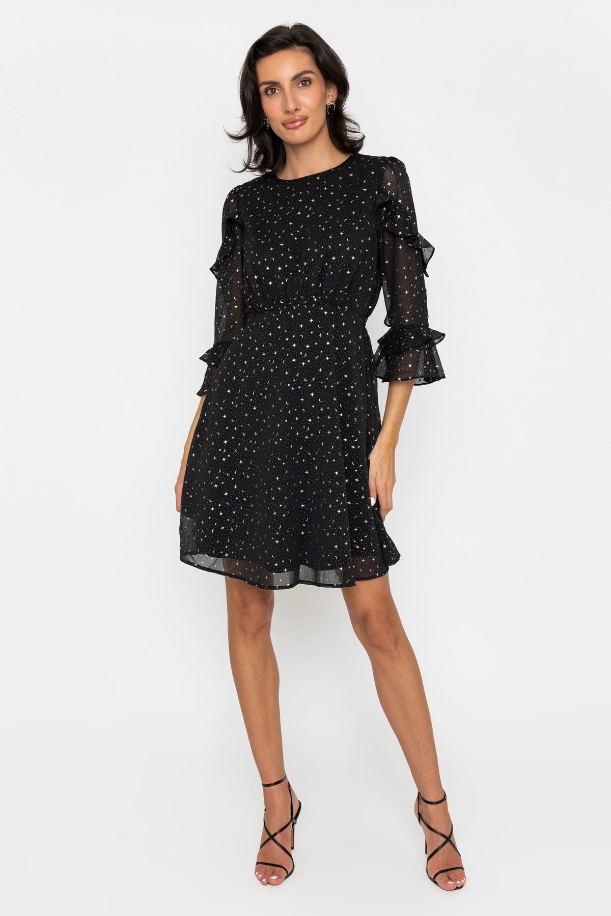Black Star Print 3/4 Sheer Sleeve Knee Length Dress