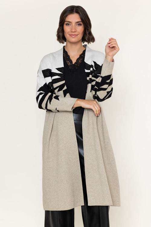 Stone Print Sequin Applique Belted Long Cardigan