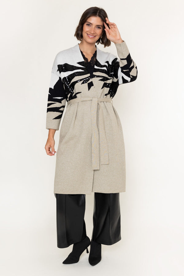 Carraig Donn Stone Print Sequin Applique Belted Long Cardigan