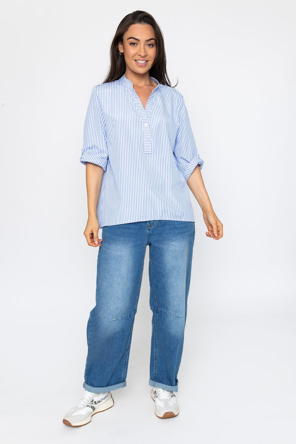 Carraig Donn Stripe Collarless Shirt in Blue