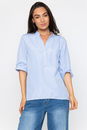 Carraig Donn Stripe Collarless Shirt in Blue