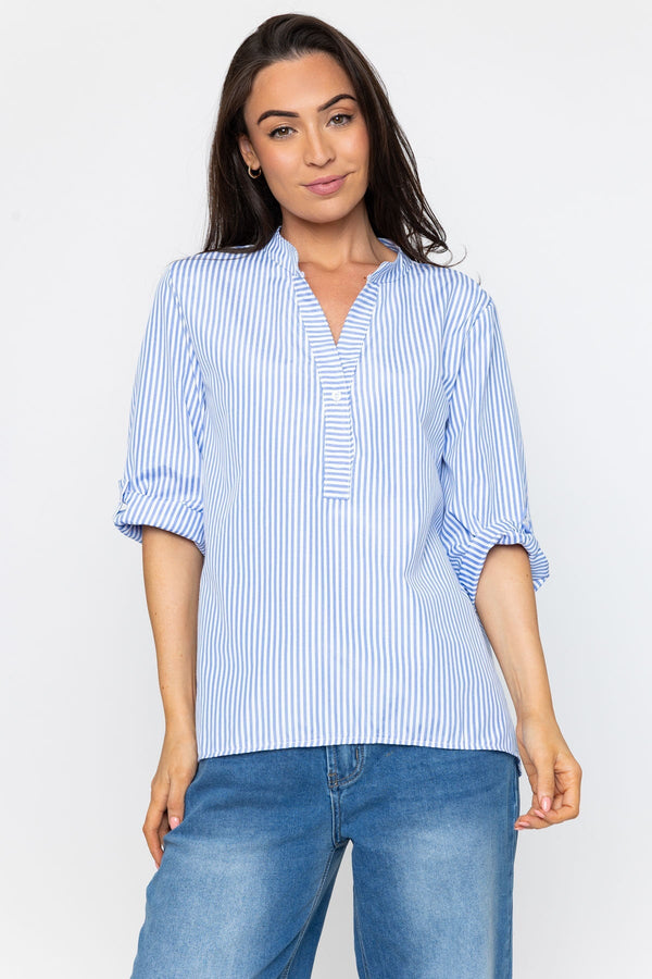 Carraig Donn Stripe Collarless Shirt in Blue