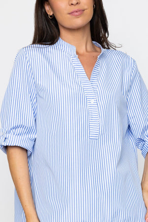 Carraig Donn Stripe Collarless Shirt in Blue