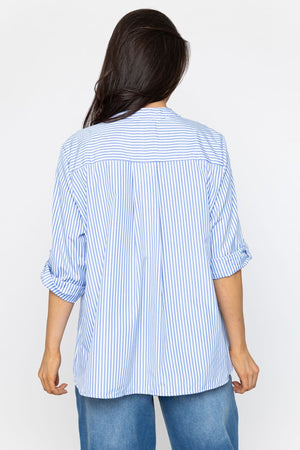 Carraig Donn Stripe Collarless Shirt in Blue