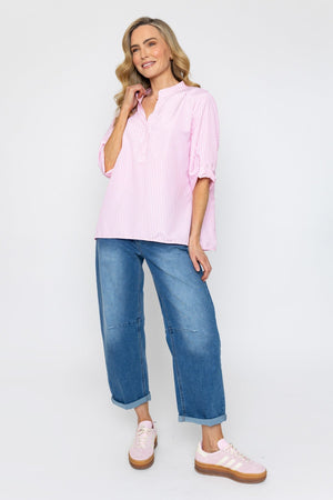 Carraig Donn Stripe Collarless Shirt in Pink