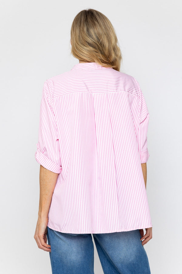 Carraig Donn Stripe Collarless Shirt in Pink