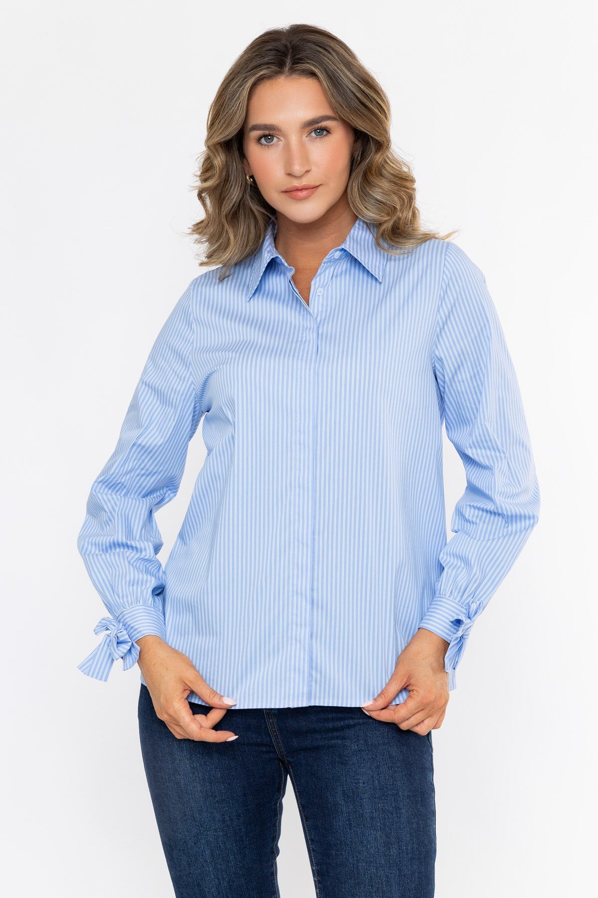 Blue Cotton Regular Fit Striped Bow Cuff Long Sleeve Shirt