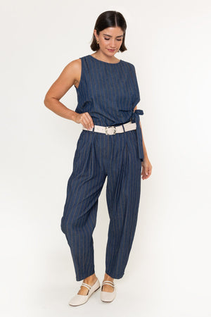 Carraig Donn Striped Cotton Belted High Waisted Barrel Jeans