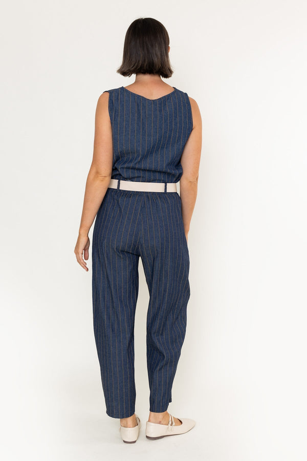 Carraig Donn Striped Cotton Belted High Waisted Barrel Jeans
