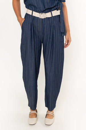Carraig Donn Striped Cotton Belted High Waisted Barrel Jeans