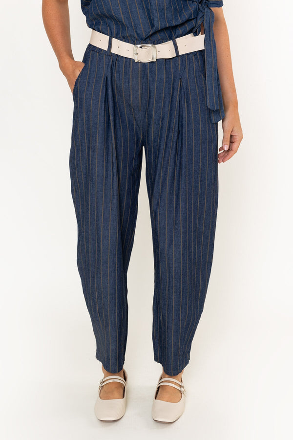 Carraig Donn Striped Cotton Belted High Waisted Barrel Jeans