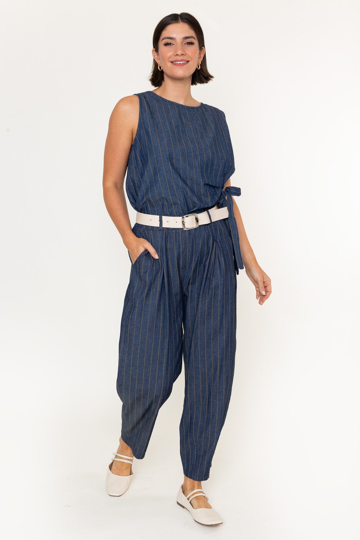 Striped Cotton Belted High Waisted Barrel Jeans