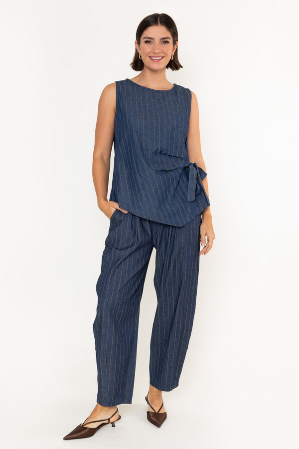 Carraig Donn Striped Cotton Belted High Waisted Barrel Jeans