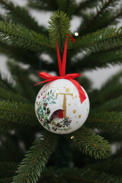 T Christmas Robin Alphabet Tree Bauble