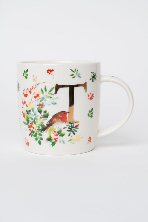 T Christmas Robin Leaf New Bone China Alphabet Mug