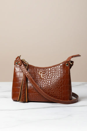 Carraig Donn Tan Brown Faux Leather Croc Embossed Mini Shoulder Bag