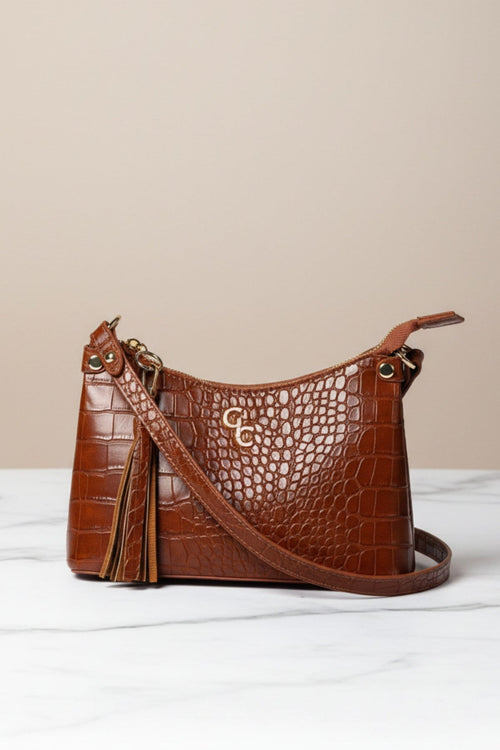 Tan Brown Faux Leather Croc Embossed Mini Shoulder Bag