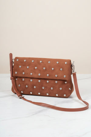 Brown Faux Suede Silver Studded Shoulder Bag
