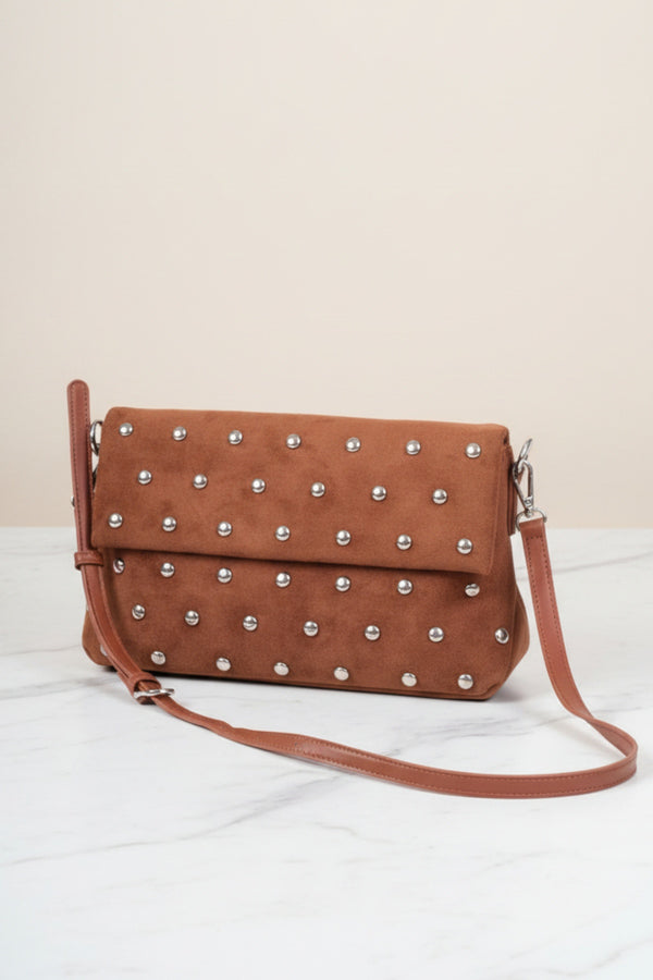 Brown Faux Suede Silver Studded Shoulder Bag