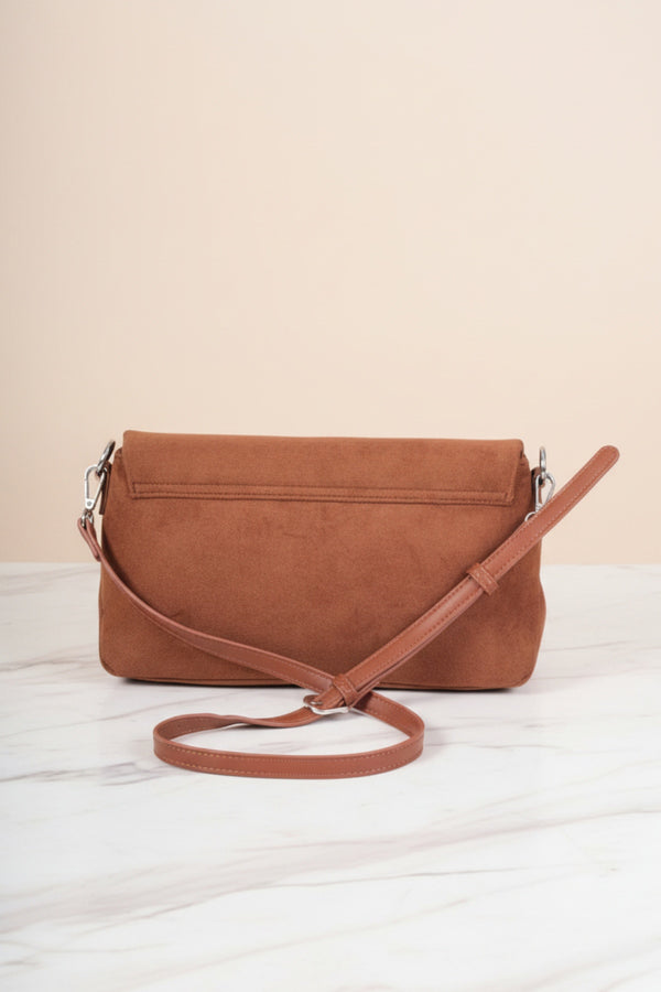 Brown Faux Suede Silver Studded Shoulder Bag