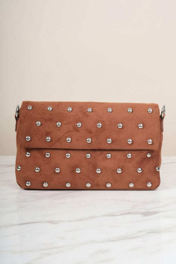 Brown Faux Suede Silver Studded Shoulder Bag